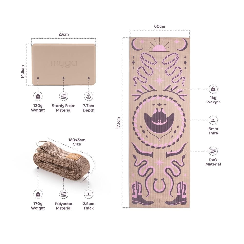 Zestaw do jogi myga Cowgirl Yoga Set: mata do jogi, klocek, pasek