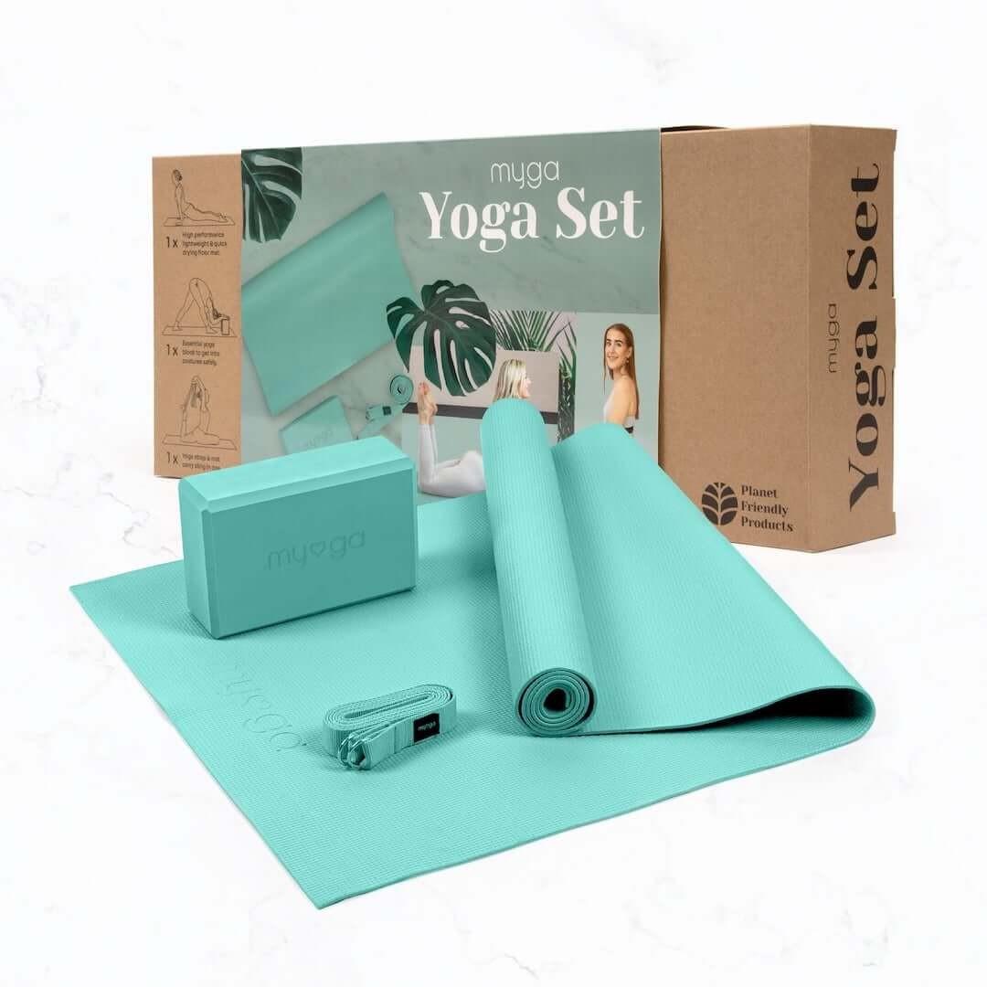 Zestaw do jogi myga Yoga Starter Kit: mata, klocek, pasek - turkusowy