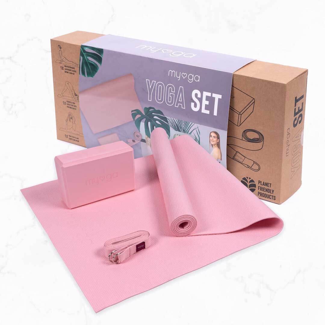 Zestaw do jogi myga Yoga Starter Kit: mata, klocek, pasek - pudrowy róż