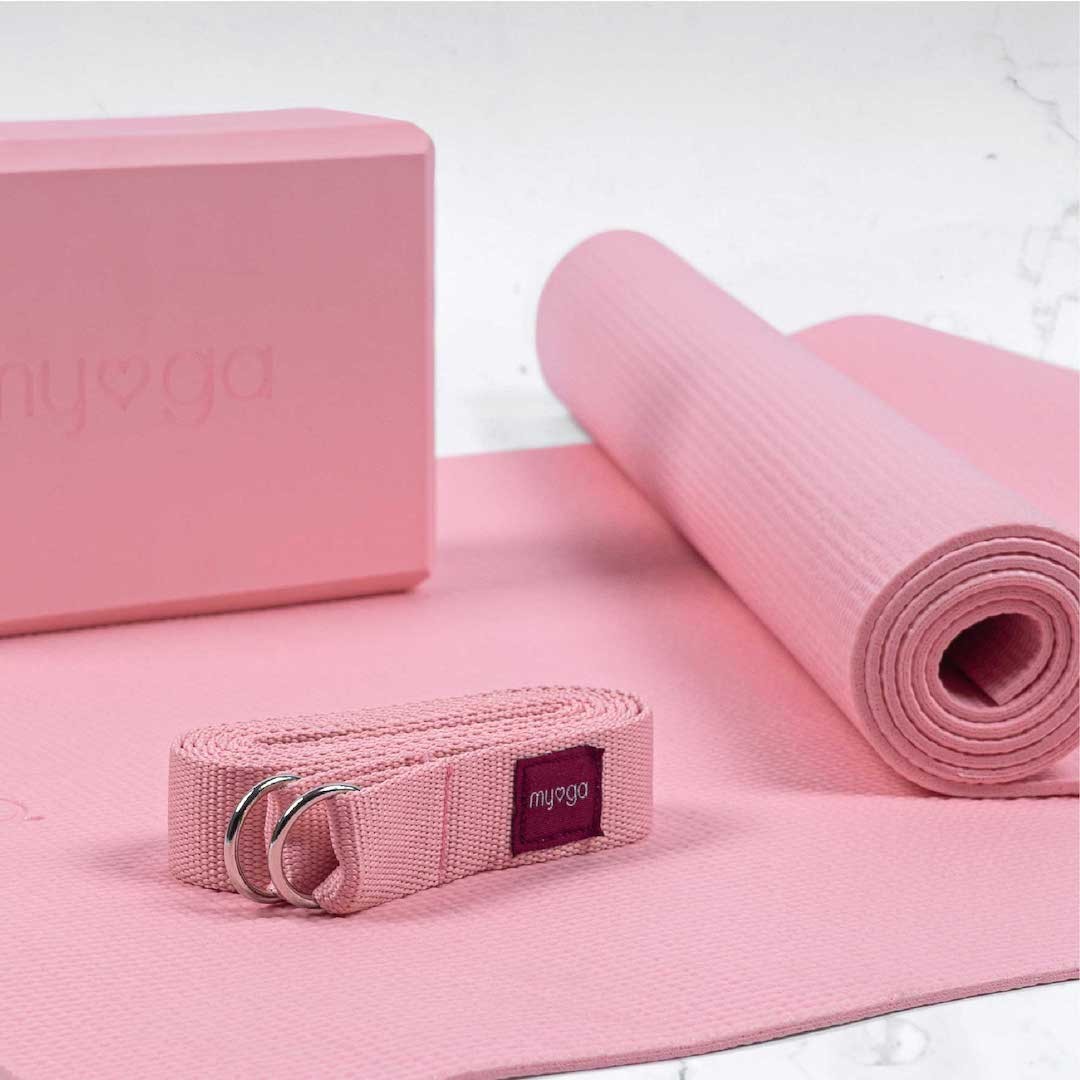 Zestaw do jogi myga Yoga Starter Kit: mata, klocek, pasek - pudrowy róż