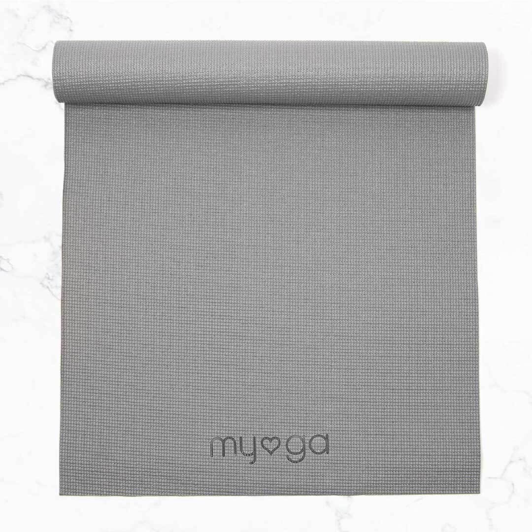 Zestaw do jogi myga Yoga Starter Kit: mata, klocek, pasek - szary