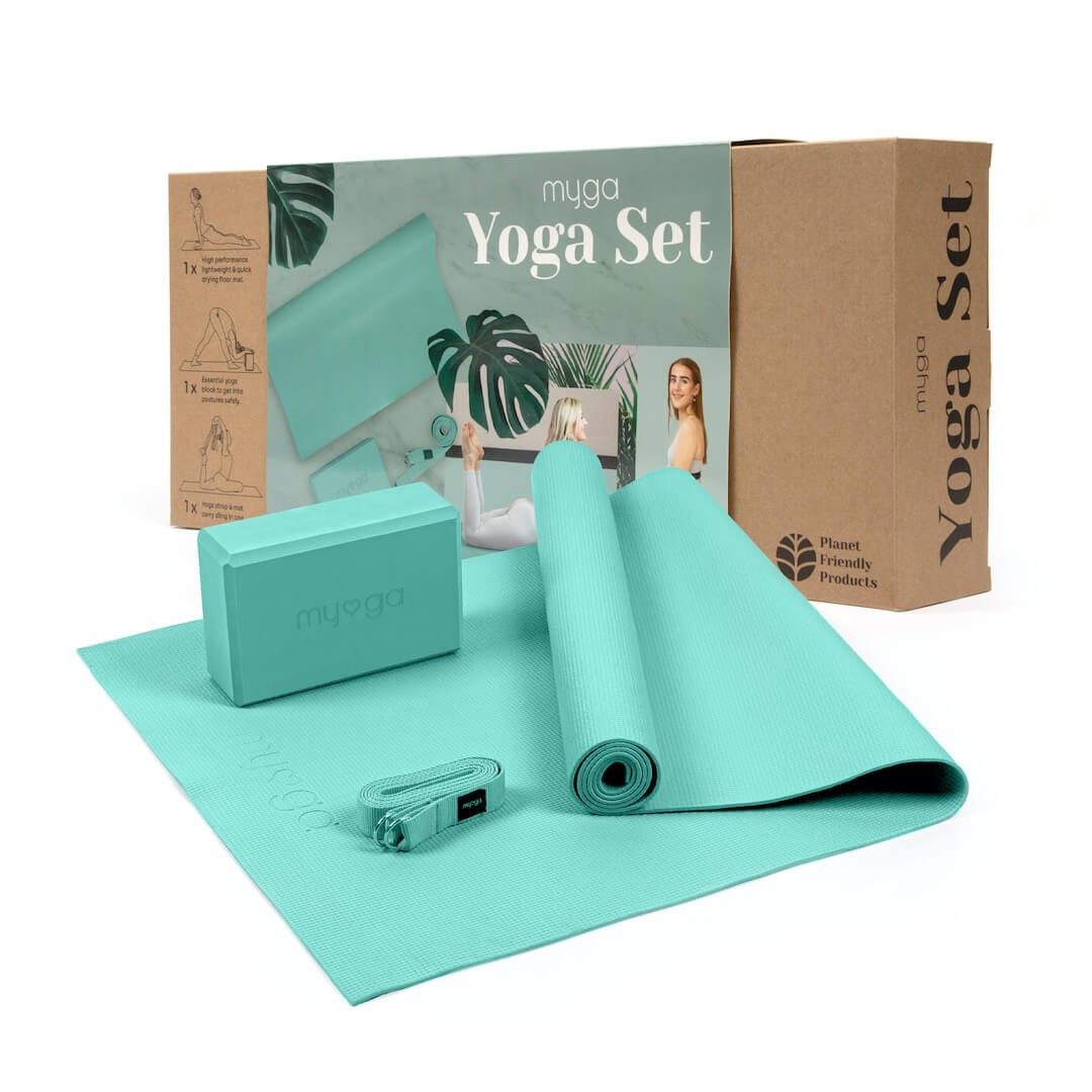 Zestaw do jogi myga Yoga Starter Kit: mata, klocek, pasek - turkusowy
